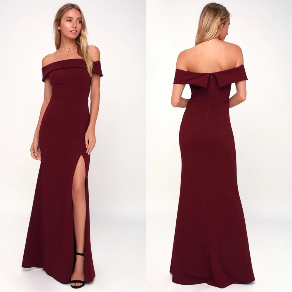 Lulu's Off-Shoulder Maxi Gown in Burgundy